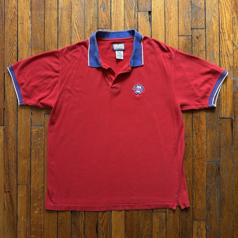 Vtg 90s Logo Athletic Philadelphia Phillies MLB‎ Genuine Polo Shirt Men Red Blue